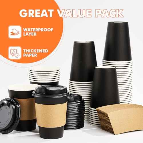 100 Pack 12 oz Disposable Coffee Cups with Lids and Sleeves (100 Count)