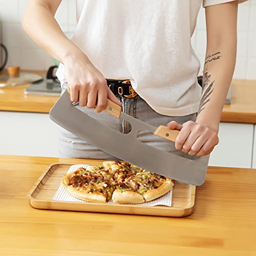 Pizza Cutter Rocker with Wooden Handles & Protective Cover by ZOCY
