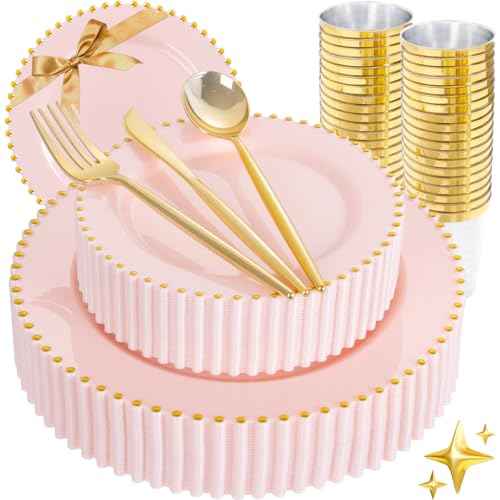 180Pcs Elegant Pink Gold Dinnerware Set for Party Wedding (180 Count)