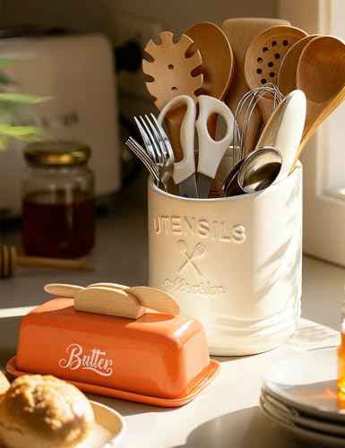 Butter Dish with Lid and Knife Butter Tray Holder for Counter Orange