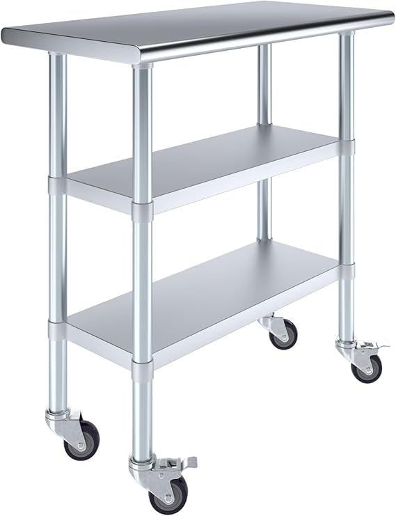 Stainless Steel Work Table with 2 Shelves and Casters