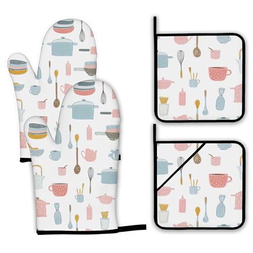 Pink Kitchen Utensil Oven Mitts and Pot Holders Set (4 Count)