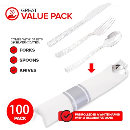 400PCS Silver Wrapped Silverware Set Disposable Hammered for Wedding (400 Count)