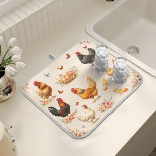 Farmhouse Rooster Dish Drying Mat for Kitchen Counter Absorbent Microfiber Large Drying Pad Dish mats for Kitchen Countertops 18 x 24 Inch