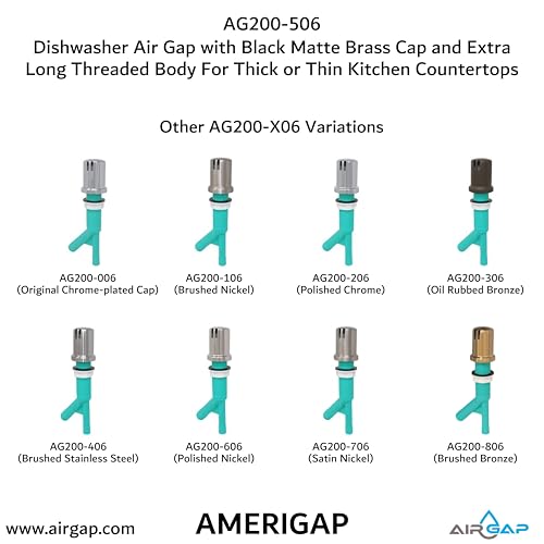 Dishwasher Air Gap with Skirted Black Matte Brass Cap and Extra Long Threaded Body for Thick or Thin Kitchen Countertops