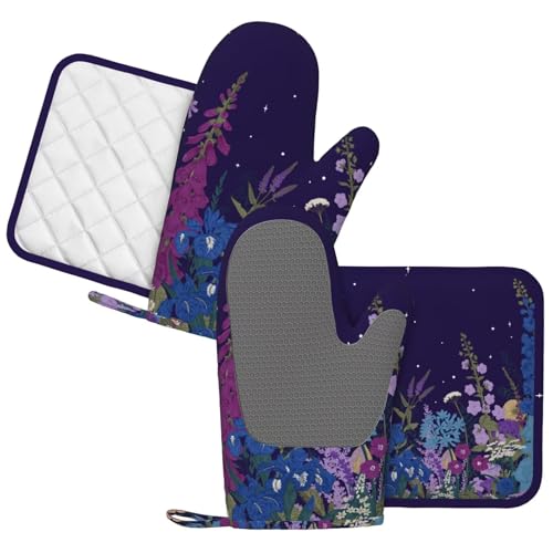 Wildflowers Florals Oven Mitts Pot Holders Set Silicone Heat Resistant Wildflowers Oven Mitts and Hot Pads Florals Potholders Non