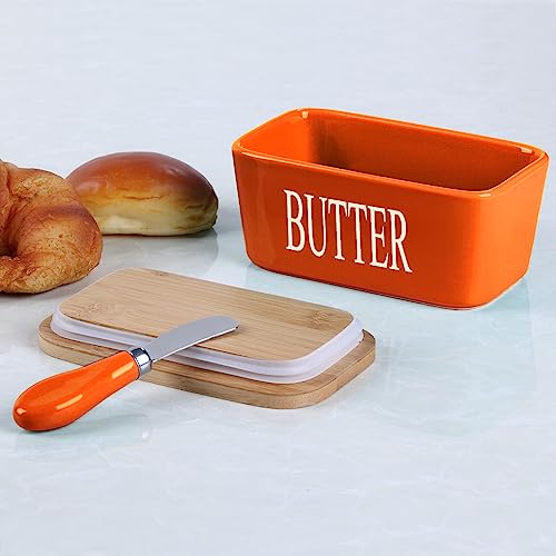 Ceramic Butter Dish with Bamboo Lid and Stainless Steel Knife Spreader