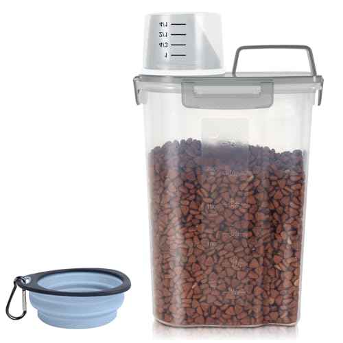 3-5Lbs/3Qt Dog Cat Food Storage Container With Foldable Bowl., Plastic Pet Food Dispenser for Small Animal Kibble/Pet Food/Bird Seed/Oatmeal/Rice/Flour/Brown Sugart/Cereals (Clear Grey)