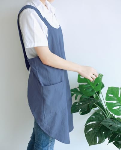 Japanese Cotton Cross Back Kitchen Cooking Aprons for Women with Pockets Cute for Baking Painting Gardening Cleaning Gray Blue