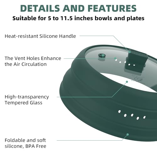 Microwave Splatter Cover Glass Cover Guard Lid with Collapsible Silicone for Food Pot Plate Cover 11.8 inch Dark Green