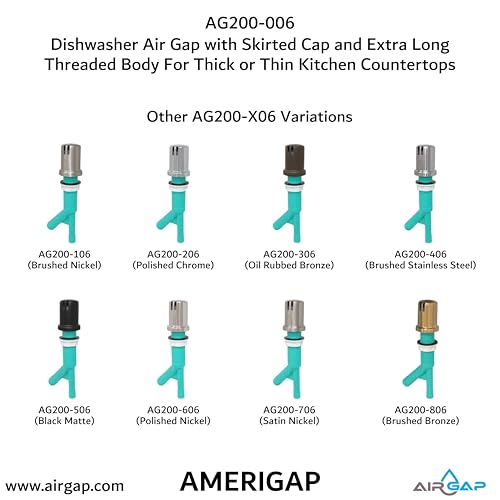 Dishwasher Air Gap with Skirted Cap and Extra Long Threaded Body for Thick or Thin Kitchen Countertops
