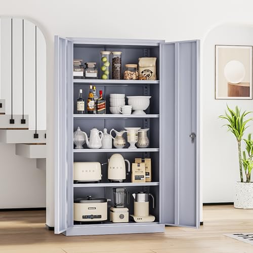 Metal Storage Cabinets 72” Cement Grey Garage Steel Storage Cabinet with Doors and Shelves