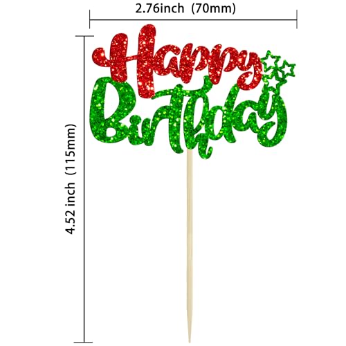 24Pcs Happy Birthday Cupcake Toppers Double Layer Glitter Happy Birthday Cake Decorations for Christmas Theme Baby Shower Anniversary Party Decorations Supplies Red Green (24 Count)