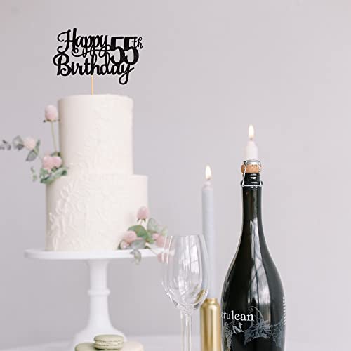 1 PCS Happy 55th Birthday Cake Topper Glitter Cheers to 55 Years Birthday Cake Pick 55 Fabulous Cake Decoration for Happy 55th Birthday Theme Party Decorations Supplies Black