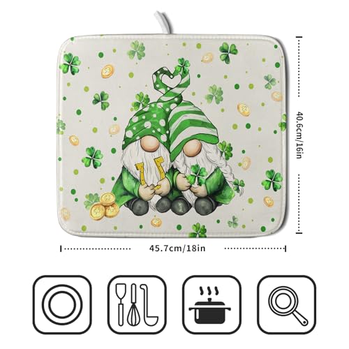 St Patrick's Day Gnome Dish Drying Mat 16x18 inch Lucky Shamrock Absorbent Reversible Dishes Drainer Rack Mat for Coffee Bar Kitchen Decor