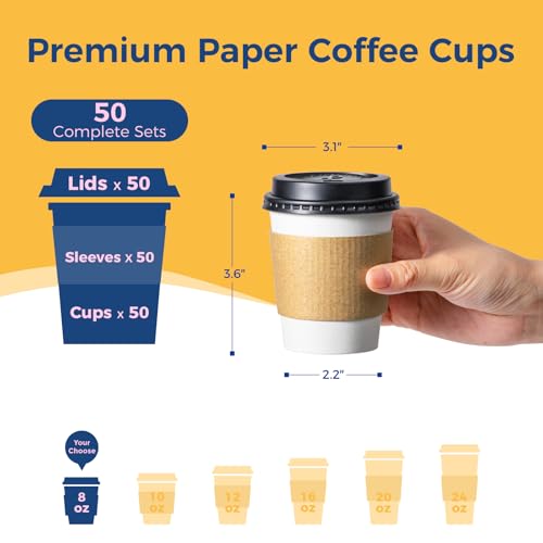 50 Pack 8 oz Disposable Coffee Cups with Lids (50 Count)