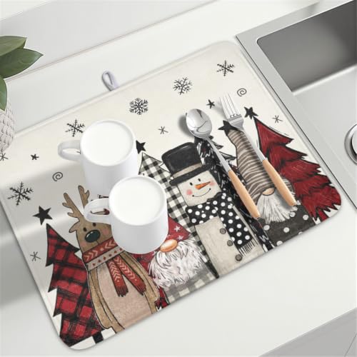 Winter Snowman Gnome Dish Drying Mat Xmas Tree Dishes Pad 18"x24" Microfiber Fast Dry Dish Drainer Rack Mats Kitchen Countertop Accessories
