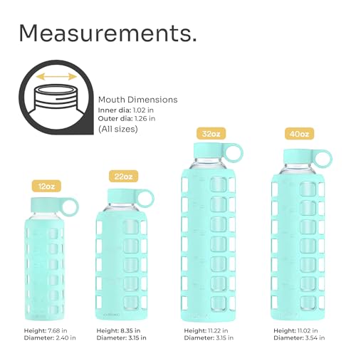 40oz / 32oz / 22oz / 12oz Borosilicate Glass Water Bottle with Time & Volume Markers, Silicone Sleeve, Stainless Steel Lid | Reusable Glass Bottle for Water & Juice (12oz Glow-in-the-Dark)