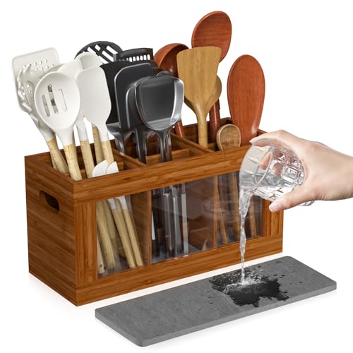 Bamboo Kitchen Utensil Holder with Drying Stone and 6 Compartments