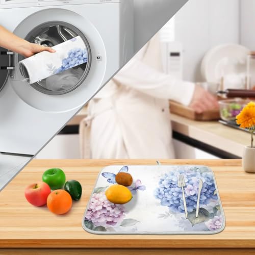 Blue Pink Hydrangea Spring Floral Dish Drying Mat for Kitchen Counter Absorbent Microfiber Large Drying Pad Dish Mats for Kitchen Countertops 18 x 24 Inch