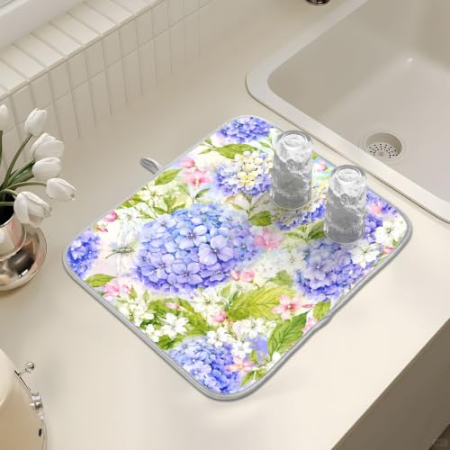 Floral Hydrangea Garden Dish Drying Mat for Kitchen Counter Absorbent Microfiber Small Drying Pad Dish mats for Kitchen Countertops 16 x 18 Inch