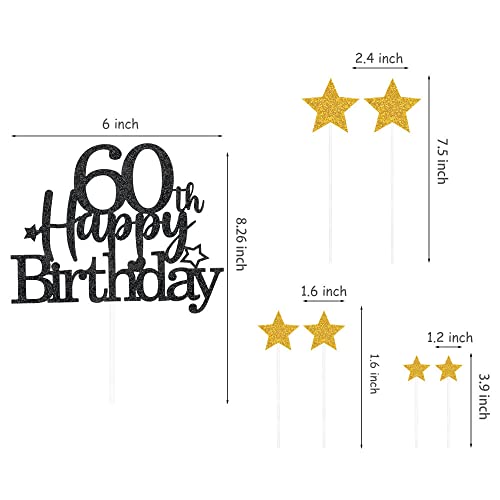 Black Gold 60th Birthday Cake Topper with Glittery Stars (7 Count)