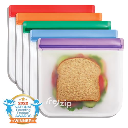 re) zip Reusable Sandwich Bags, Leakproof, 28 oz, 5-Pack, Jewel Tones (5 Count)