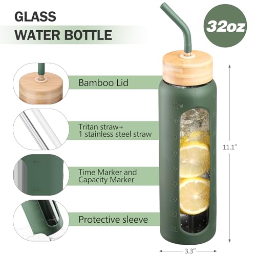 32oz Glass Water Bottle with Straw and 2 Lids