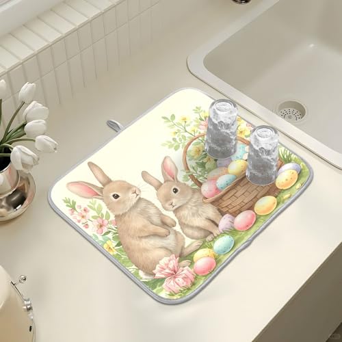 Cute Easter Bunny Rabbit Eggs Dish Drying Mat for Kitchen Counter Absorbent Microfiber Small Drying Pad Dish Mats for Kitchen Countertops 16 x 18 Inch