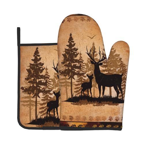 Forest Deer Oven Mitts and Pot Holder Kitchen Accessories Sets Wildlife Animal Heat Resistant Oven Gloves Hot Pads for Baking Cooking BBQ