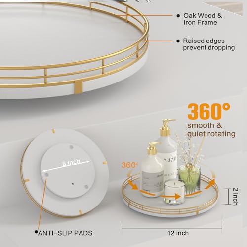 12 Inch White Wooden Lazy Susan Spice Organizer with Gold Rail