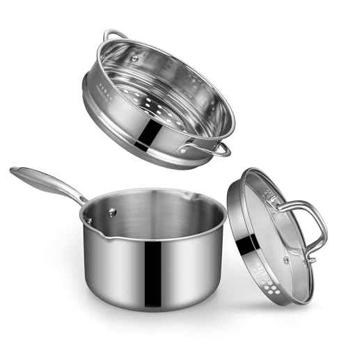Tri Ply Stainless Steel Sauce Pan with Steamer Basket & Straining Glass Lid