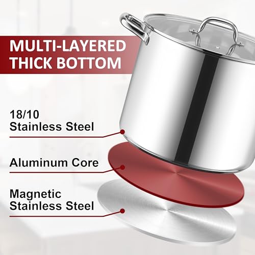 20-Quart 18/10 Stainless Steel Stock Pot with Lid, Large Heavy Duty Soup Pot Compatible with Electric, Gas, Induction and Gas Cooktops, Non-Toxic & Corrosion Resistant, Dishwasher Safe