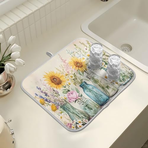 Spring Summer Floral Jars Flowers Dish Drying Mat for Kitchen Counter Absorbent Microfiber Large Drying Pad Dish Mats for Kitchen Countertops 18 x 24 Inch