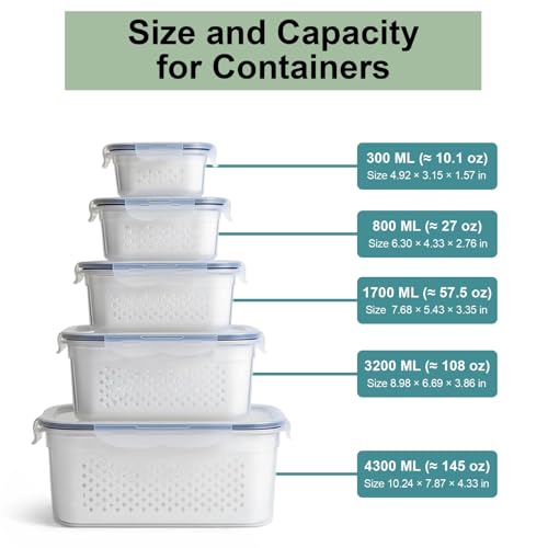 5 Pack Large Fruit Storage Containers for Fridge with Removable Colander (5 Count)
