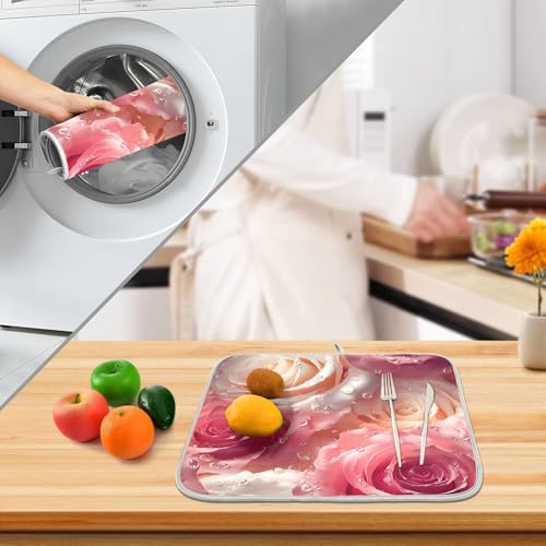 3d Pink White Roses Dish Drying Mat for Kitchen Counter Absorbent Microfiber Small Drying Pad Dish mats for Kitchen Countertops 16 x 18 Inch