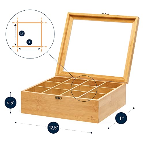 Natural Bamboo Tea Storage Organizer with Clear Acrylic Top Window