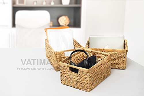 Large Wicker Basket Rectangular with Wooden Handles for Shelves (3 Count)