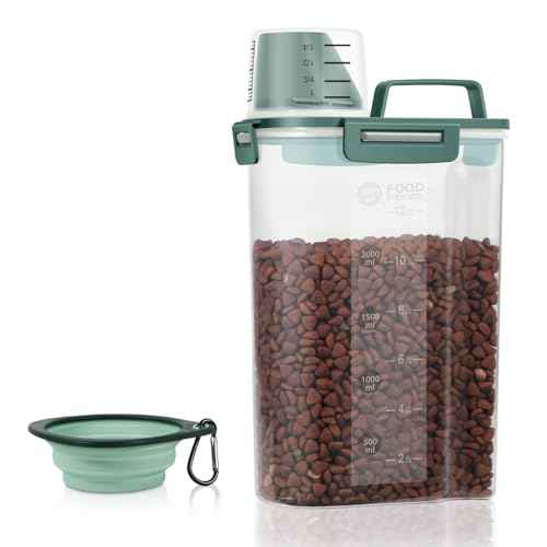3-5Lbs/3Qt Dog Cat Food Storage Container With Foldable Bowl, Plastic Pet Food Dispenser for Small Animal Kibble/Pet Food/Bird Seed/Oatmeal/Rice/Flour/Brown Sugart/Cereals (Dark Green)