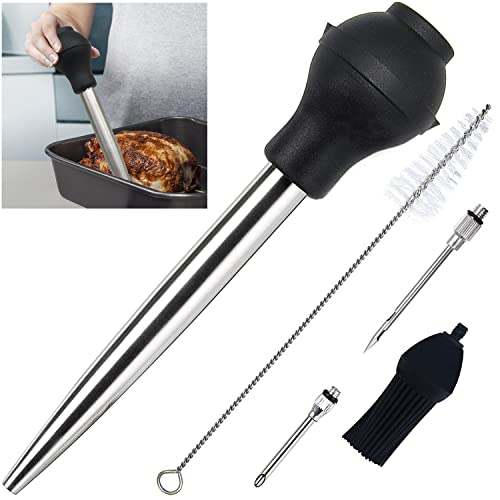 Stainless Steel Turkey Baster Commercial Grade Quality Silicone Bulb Including 2 Marinade Injector Needles And Basting Brush (4 Count)