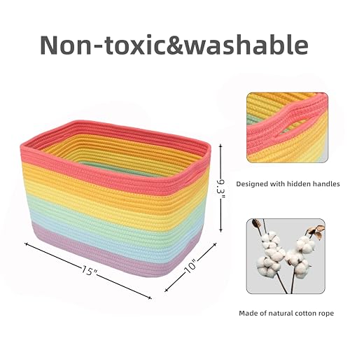 Woven Cotton Rope Storage Baskets 15x10x9.3" 3 Pack Rainbow