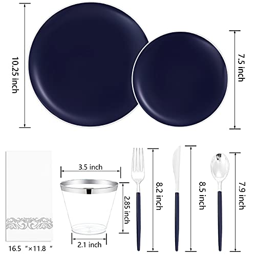 175Pcs Blue Plastic Plates with Silver Rim & Disposable Silverware with Blue Handle & Silver