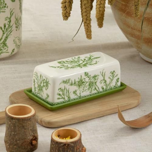 Green Garden Toile De Jouy Ceramic Butter Dish with Lid