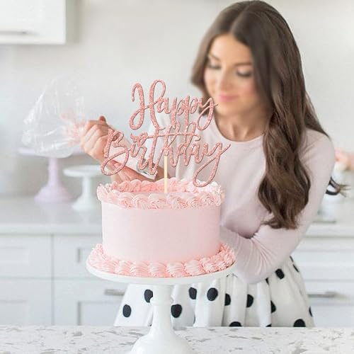 1 PCS Happy Birthday Cake Topper Glitter Happy Birthday Cake Pick for Celebrating Happy Birthday Anniversary Theme Party Cake Decorations Supplies Rose Gold