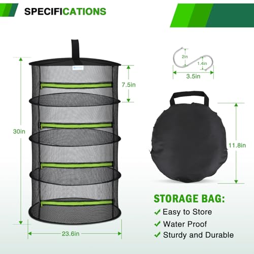 4 Layer Herb Drying Rack Hanging Mesh Net Foldable Plant Drying Racks 24" Diameter with Green Zipper & Hook Dryer Hanging Rack for Herbs Seed Bud Fruit Clothes Grow Tent Closets Garden Outdoor