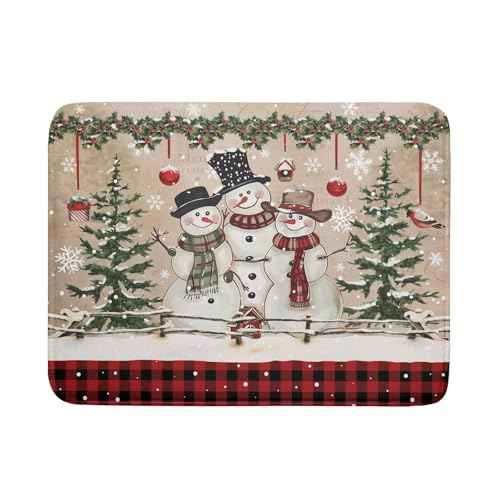Winter Snowman Dish Drying Mat 18x24 Inch Red Buffalo Plaid Holiday Dish Drainer Mat Absorbent Dish Rack Pad for Kitchen Counter Sink Decor