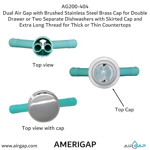 Dual Air Gap with Brushed Stainless Steel Brass Cap for Double Drawer or Two Separate Dishwashers with Skirted Cap and Extra Long Thread for Thick or Thin Countertops