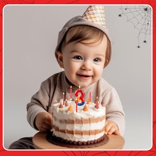13 Pcs Spider Themed Birthday Candle Set Red Spider Theme Number 3 Candle Cake Topper for Boys Girls Birthday Decoration Spider Party Decoration Supplies (13 Count)