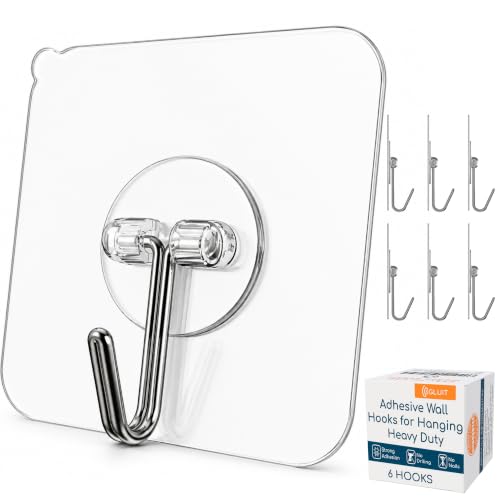 Adhesive Wall Hooks for Hanging Heavy Duty No Drill (6 Count)