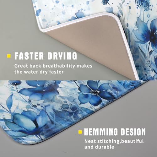 Blue Floral Dish Drying Mat for Kitchen Counter Watercolor Leaves Dishes Drainer Rack Mat Absorbent Microfiber Dish Draining Pad 16x18 Inch